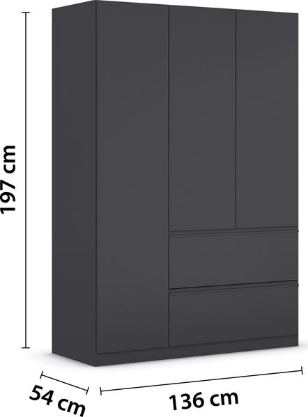 rauch Kleiderschrank, Drehtürenschrank COSTA, 3-türig, 2 Schubkästen, push-to-open, Grau metallic, 136 x 197 x 54 cm Bild 4