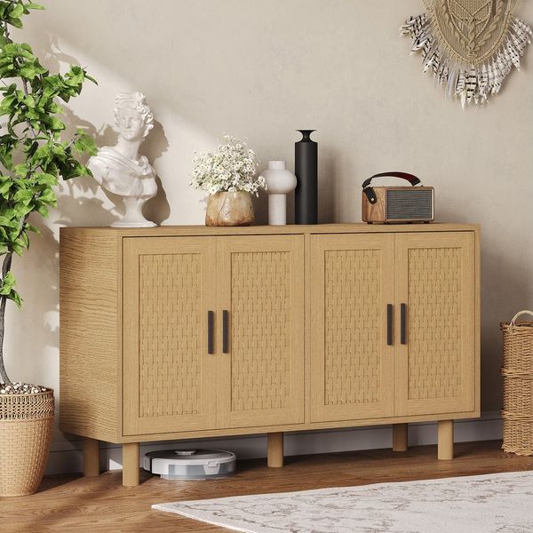 FUROKOY Sideboard Rattan Küchenschrank us Holz (Buffetschrank Highboard mit 4 Rattan Türen), für Schlafzimmer, Wohnzimmer, Flur, 140 x 40 x 80 cm, Holzfarbe