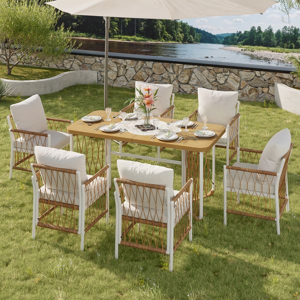 Modernes Outdoor-Set , Freizeit- und Besprechungsset für mehrere Personen , Eisengestell , Geflochtene Armlehnen , Inklusive Sitzkissen