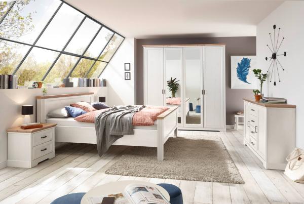 Schlafzimmer JASMIN mit 4-trg. Schrank und Doppelbett Pinie weiß Optik