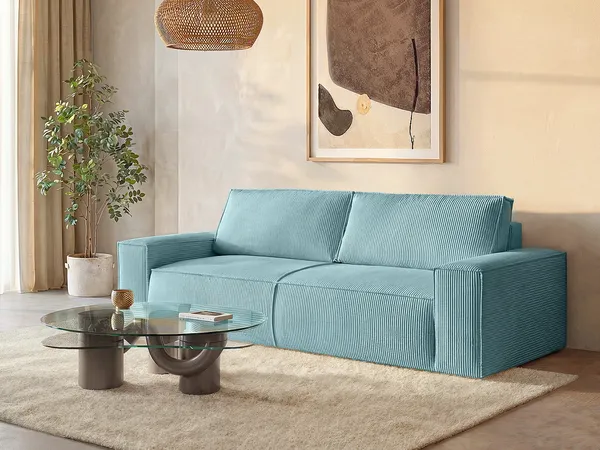 Vente-unique - Schlafsofa 4-Sitzer - Cord - Türkisblau - AMELIA
