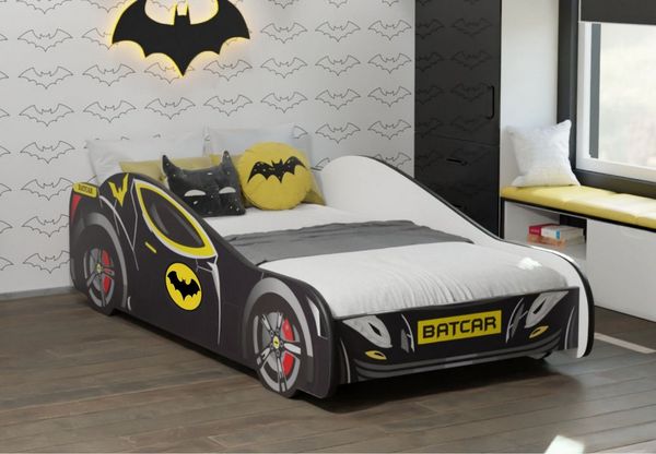 Kids Collective Autobett 70x140, 80x160 cm Kinderbett Jugendbett mit Rausfallschutz (Spielbett Batman Batmobil Bat Car Auto), Bett in schwarz Kinderbett 70x140 cm optional mit Matratze