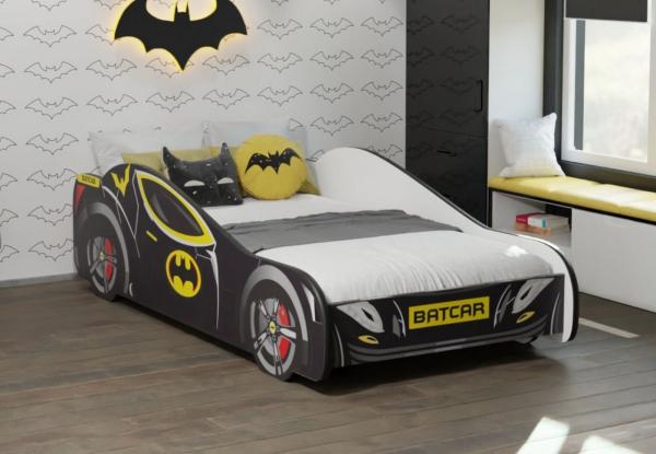 Kids Collective Autobett 70x140, 80x160 cm Kinderbett Jugendbett mit Rausfallschutz (Spielbett Batman Batmobil Bat Car Auto), Bett in schwarz Kinderbett 70x140 cm optional mit Matratze