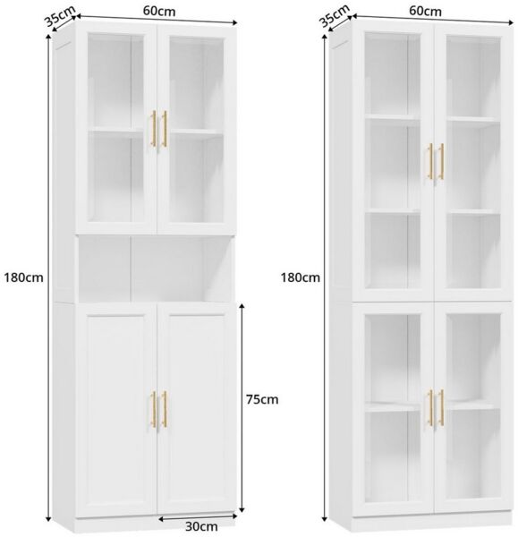VOWNER Bücherregal mit Glastüren, modernes Großes Aufbewahrungsvitrinen-Set, 4-tlg, Bücherschrank mit Verstellbarem Regalboden, 180cm