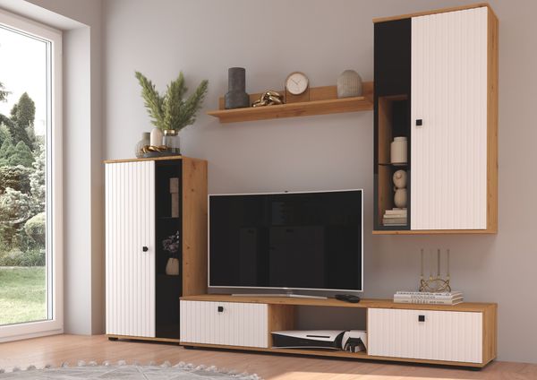 Wohnwand Salsa 2 Lamellenoptik Anbauwand Schrankwand MDF Weiss + Eiche Artisan