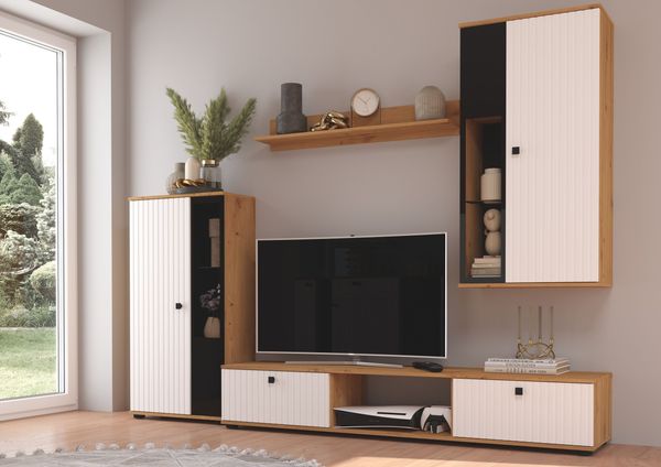Wohnwand Salsa 2 Lamellenoptik Anbauwand Schrankwand MDF Weiss + Eiche Artisan