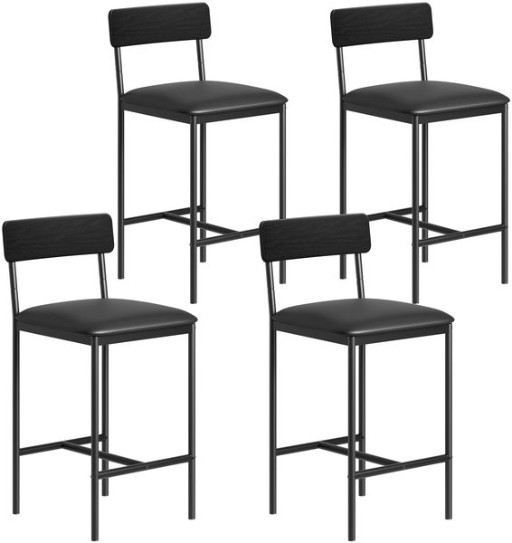 4er Set Barhocker, Barstuhl mit Rückenlehne & Fußstütze, Retro Barhocker mit Fußstütze, Bistrohocker 64cm Hohe, Küchenhocker Einfache Montage, Industrie-Design für Bistro, Küche, Esszimmer, Schwarz