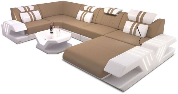 Couchlandschaft Venedig U Form in Stoff - Mikrofaserstoff - cappuccino-weiß - Rechts