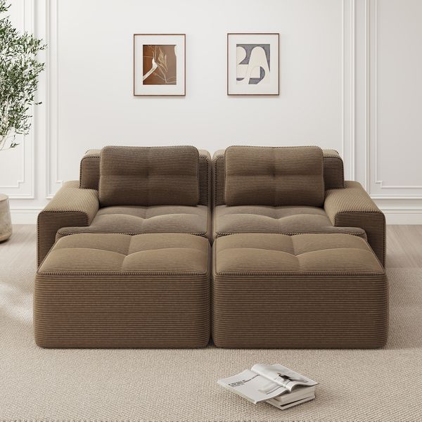 Modulares Sofa aus Cord mit Tiefsitz & Ottoman, 204x177x69 cm, Braun