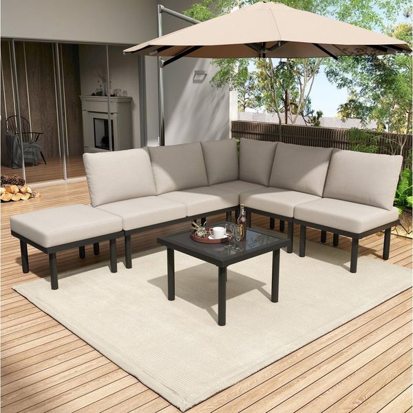 Celya Gartenlounge-Set Gartenlounges Balkon, Gartenmöbel Set 6 Personen aus Seil, (Gartenmöbel-Set aus Seil, beige geflochtenes Seil, verstellbare Füße, glatte Glastischplatte, inkl. aller Sitz- und Rückenkissen), Garten-Loungesessel-Set mit verzinktem...