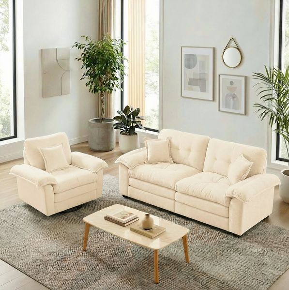 Sofaset 2-teilig, Chenille mit Tiefsitz & Memory-Schaum, 301 x 90,1 x 96 cm, beige