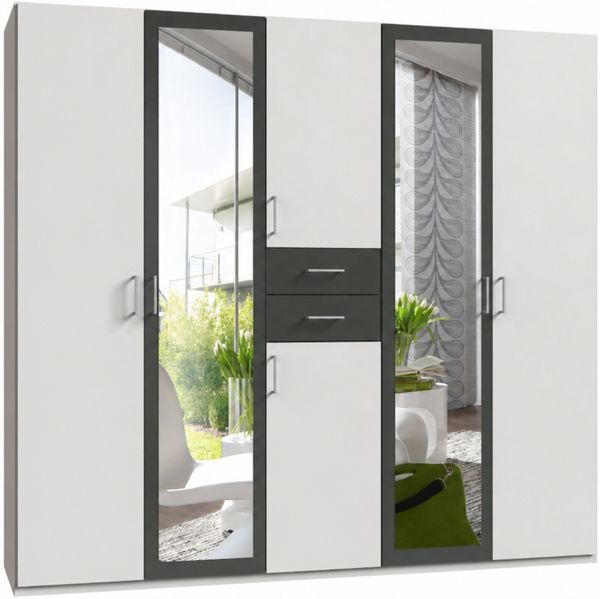 Drehtürenschrank Kleiderschrank 225cm Schubladen Spiegel Ausstattung Weiß,Grafit