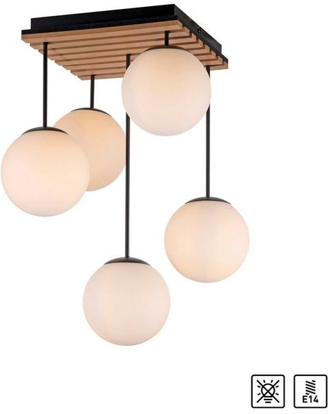 OTTO home Deckenleuchte Evinnia Akustikpaneele mit Glaskugeln, ohne Leuchtmittel, Leuchtmittel wechselbar, Warmweiß, Holz, Akustik, Paneele, Glas, Deckenlampe E14