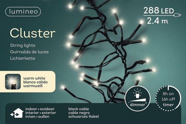 Lumineo LED-Lichterkette Lumineo Lichterkette CLUSTER 288 LED 2,6 m warm weiß, schwarzes Kabel, Indoor/Outdoor, dimmbar, 8h-Timer, + 5 m Zuleitung