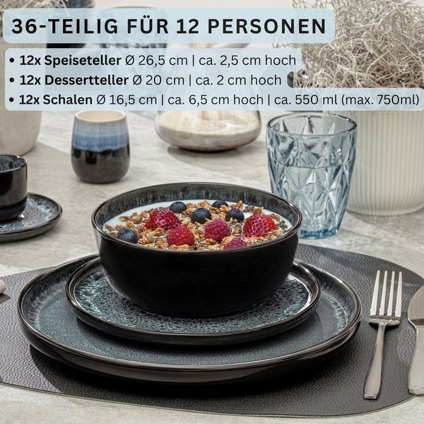 SÄNGER Tafelservice Manila Geschirrset (36-tlg), 12 Personen, Steingut, Blau-Schwarz, Handmade, Erweiterbar, VALUE COLLECTION