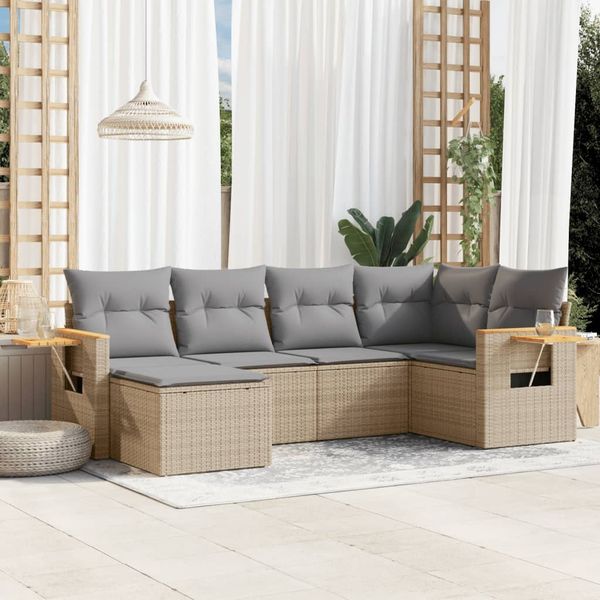 vidaXL 6-tlg. Garten-Sofagarnitur mit Kissen Beige Poly Rattan 3259420