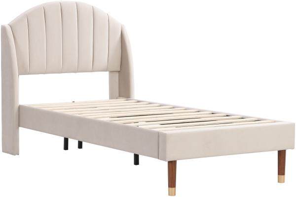 Merax Polsterbett 90x200 Ohrform Einzelbett aus Samt mit Kopfteil & Lattenrost Beige