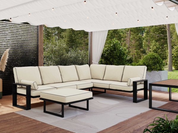 Outdoor Gartenmöbel, Set für 7 Personen, Gartenlounge Set mit Tisch, Hocker und Ecksofa - ELBA 4 - beige