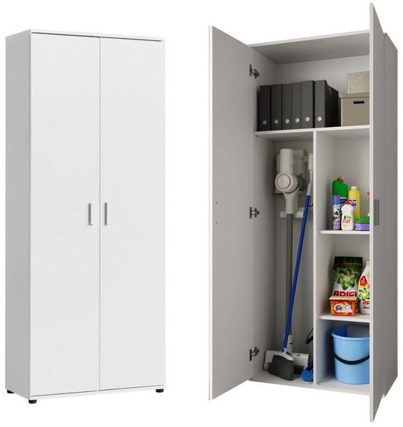 Home Collective Mehrzweckschrank 75 cm breit mit Einlegeböden 75x35x184 cm (BxTxH) Weiß (Vorratsschrank Universalschrank für Haushalt, Flur, Büro, Keller) mit 2 Einlegeböden und Fach für Staubsauger