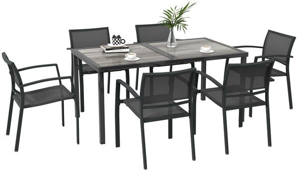 7-teilige Garten-Essgruppe mit 1 Tisch und 6 stapelbaren Stühlen aus dunkelgrau epoxidbeschichtetem Metall und Textilene