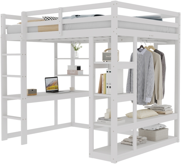 Merax Hochbett 140*200 cm Kinderbetten Doppelbetten, mit Leiter Massivholz, Mit Tisch und Regalen, Mit Einfachen Aufhängungen und Ablage Laminat, Jugendbetten, Weiß Bild 10