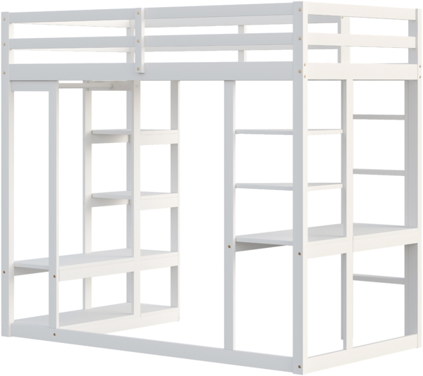 Merax Hochbett 140*200 cm Kinderbetten Doppelbetten, mit Leiter Massivholz, Mit Tisch und Regalen, Mit Einfachen Aufhängungen und Ablage Laminat, Jugendbetten, Weiß Bild 7