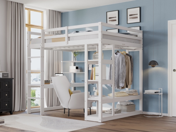 Merax Hochbett 140*200 cm Kinderbetten Doppelbetten, mit Leiter Massivholz, Mit Tisch und Regalen, Mit Einfachen Aufhängungen und Ablage Laminat, Jugendbetten, Weiß Bild 5