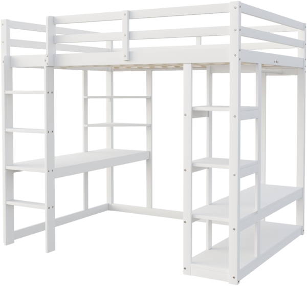 Merax Hochbett 140*200 cm Kinderbetten Doppelbetten, mit Leiter Massivholz, Mit Tisch und Regalen, Mit Einfachen Aufhängungen und Ablage Laminat, Jugendbetten, Weiß Bild 8