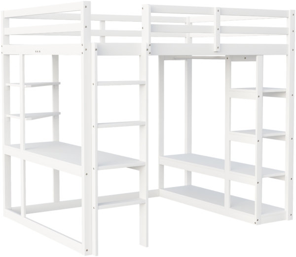 Merax Hochbett 140*200 cm Kinderbetten Doppelbetten, mit Leiter Massivholz, Mit Tisch und Regalen, Mit Einfachen Aufhängungen und Ablage Laminat, Jugendbetten, Weiß Bild 9