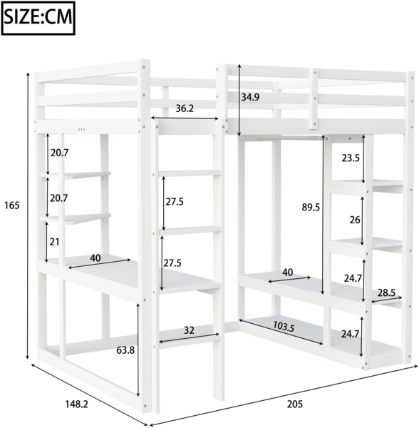 Merax Hochbett 140*200 cm Kinderbetten Doppelbetten, mit Leiter Massivholz, Mit Tisch und Regalen, Mit Einfachen Aufhängungen und Ablage Laminat, Jugendbetten, Weiß Bild 4
