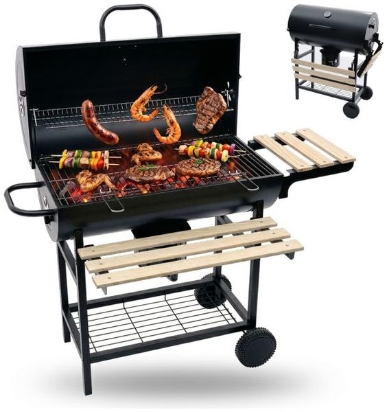 Relaxdays Holzkohlegrill Grillwagen mit Deckel, 95 x 114,5 x 69 cm