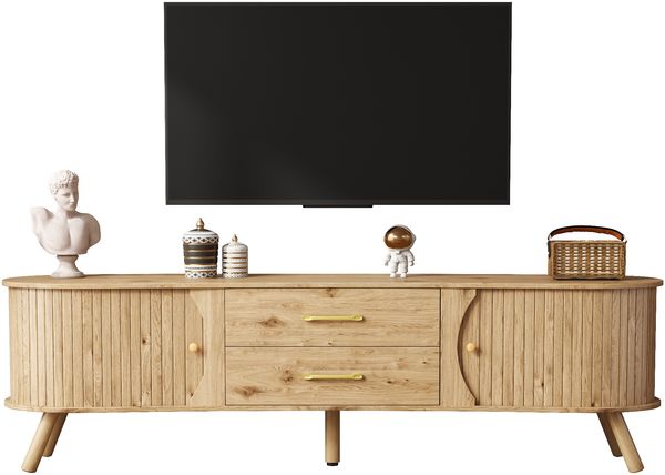 Erbsenförmiges TV-Board mit vertikaler Rillenoptik, 2 Schiebetüren + 2 Schubladen, Massivholzfüße, Holzoptik, MDF-Material, moderner skandinavischer Stil