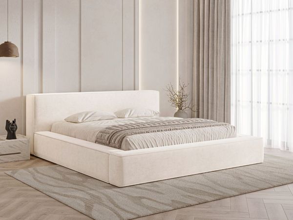 GRAINGOLD Mali Polsterbett 140x200, Doppelbett mit Bettkasten und Lattenrost, Velour-Stoff, Creme