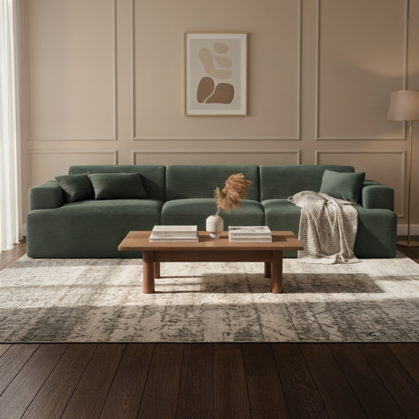 skølm 'Freki' Cloud Sofa 3 Sitzer, Vollschaumcouch mit Vakuum-Kompression, kein Aufbau erforderlich, mit 3 Kissen, Cord dunkelgrün