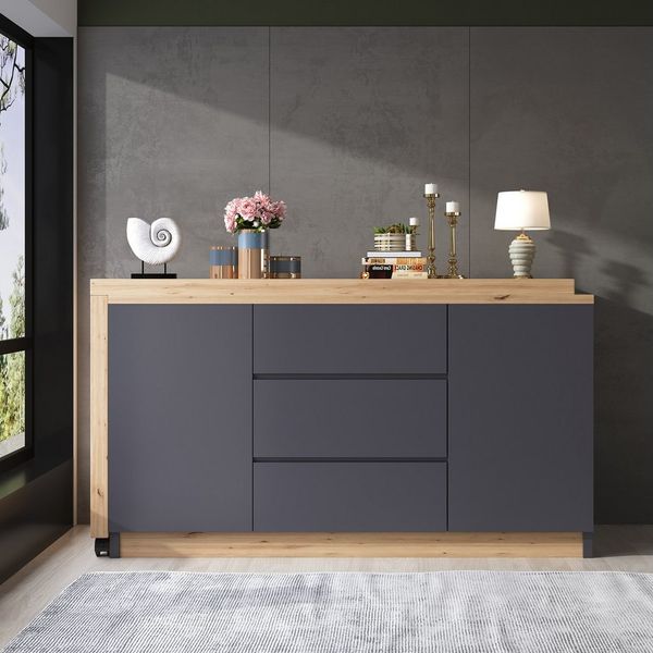 Flieks Kommode mit 360° drehbare Tisch, Rollen und Schubladen (2 St, mit verstellbaren Einlegeböden), Schreibtisch Sideboard Mehrzweckschrank Arbeitstisch grau&Eiche