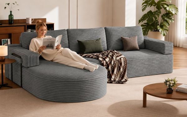 Patbrela Ecksofa Cord Schlafsofa L Form mit Abgerundeter Chaise Longue
