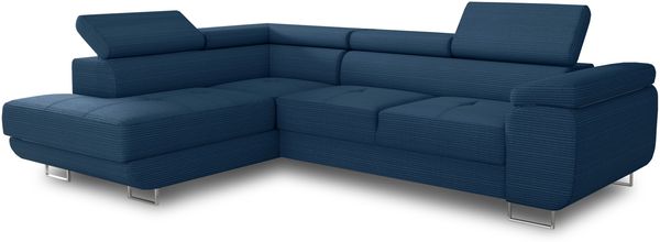 Ecksofa Caris mit Schlaffunktion und einstellbare Kopfstützen, Cord Stoff, Wohnlandschaft mit Bettkasten, Couch, Sofa, Bettsofa (Blau (Poso 005), Ecksofa Links) Bild 2