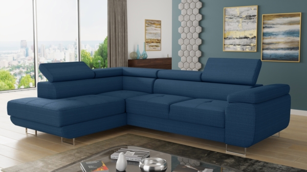 Ecksofa Caris mit Schlaffunktion und einstellbare Kopfstützen, Cord Stoff, Wohnlandschaft mit Bettkasten, Couch, Sofa, Bettsofa (Blau (Poso 005), Ecksofa Links)
