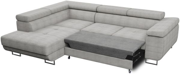 Ecksofa Caris mit Schlaffunktion und einstellbare Kopfstützen, Cord Stoff, Wohnlandschaft mit Bettkasten, Couch, Sofa, Bettsofa (Blau (Poso 005), Ecksofa Links) Bild 3