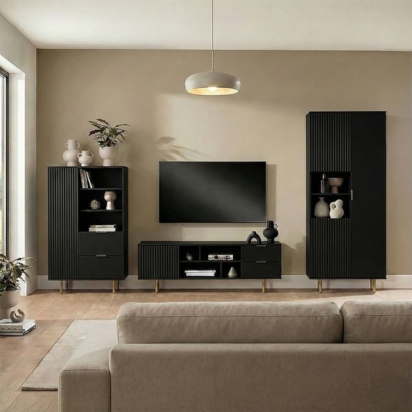 Lomadox Wohnzimmer-Set NADOR-132, (Mega-Spar-Set, 3-St, Highboard Lowboard Vitrine), matt schwarz, goldfarbenen Metallgriffen und -füßen, Front Rillenoptik
