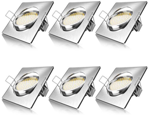 Brandson LED Einbaustrahler schwenkbarer Deckenspot, Edelstahl Optik, 320 Lumen, Warmweiß, 6er Set, Schwenkmechanismus (40° vertikal), LED fest integriert, Ultra Flache Einbauleuchte, Slim Einbauspot, Deckenstrahler eckig