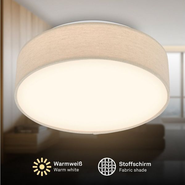 Briloner Leuchten LED Deckenleuchte Stoff-Deckenlampe Textillampe Stoffschirm Wohnzimmer Schlafzimmer, LED fest integriert, 3000K, 30/38x10,5 cm, Wohnzimmer, Schlafzimmer, Flur, Küche