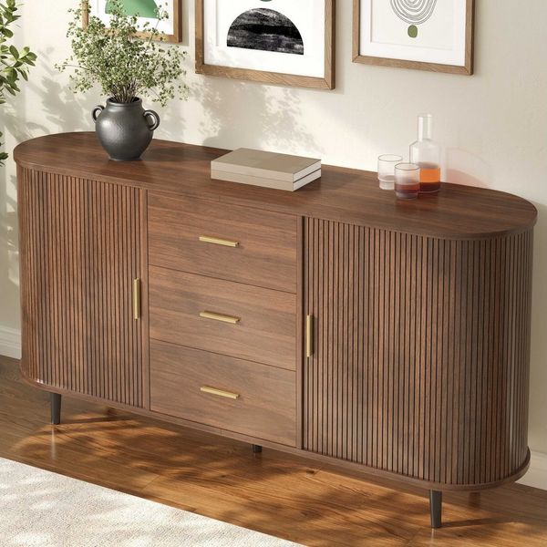 BlingBin Sideboard Schubladenschrank Anrichte Kommode Abgerundetes (2 Packung, 1 St, mit 3 Schubladen,Lamellen-Schiebetüren und verstellbaren Einlegeböden), 160 x 40 x 80,5 cm,für Wohnzimmer & Essbereich