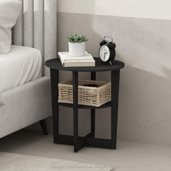 Furinno TIDUR Nachttisch, 2-stufiger ovaler Nachttisch mit runder Tischplattenkante, offenem Regal, Endtisch, Beistelltisch, für Schlafzimmer, Wohnzimmer, Walnut
