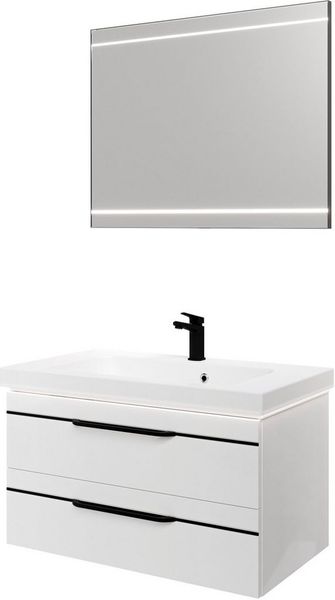 Saphir Badmöbel-Set Balto 2-teilig Mineralmarmor-Waschtisch mit LED-Spiegel, Waschplatz, (2-St), 92 cm breit, mit 2 Schubladen, Badschrank inkl. Schubladendämpfer
