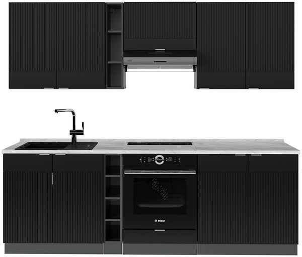 Küchenzeile Fame-Line Schwarz gestreift/Anthrazit 235 cm , AP Marmor Vicco