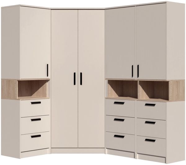 Marmex Möbel Grant Set-42C Garderobenset mit Regalen und Schubladen für Kleidung, Schrankset für das Schlafzimmer, laminierte Spanplatte, graubeige cashmere+cremona torro 143/195 x 195 x 40 cm