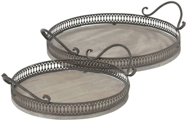 finehomegarden Tablett Dekotablett mit Griff Metall/Holz 2erSet natur Landhaus Ø26+33cm H9cm, Holz, (Set, 2-tlg, 2 x Tablett 30x26 cm H9cm / 37,5x33 cm H9cm), Holztablett Kerzentablett Serviertablett / Paket