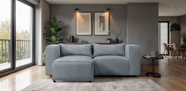 Ecksofa Designersofa NEVIO XS in Stoff Lincoln Graublau Ottomane Links