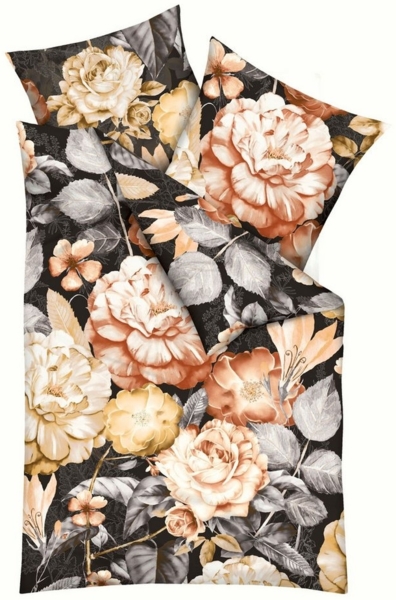 JACK Bettwäsche 135x200cm Serena Anthrazit Oliv Rosen Blumen, Biber, 2 teilig, wunderschönes Blumenmotiv, Reißverschluss